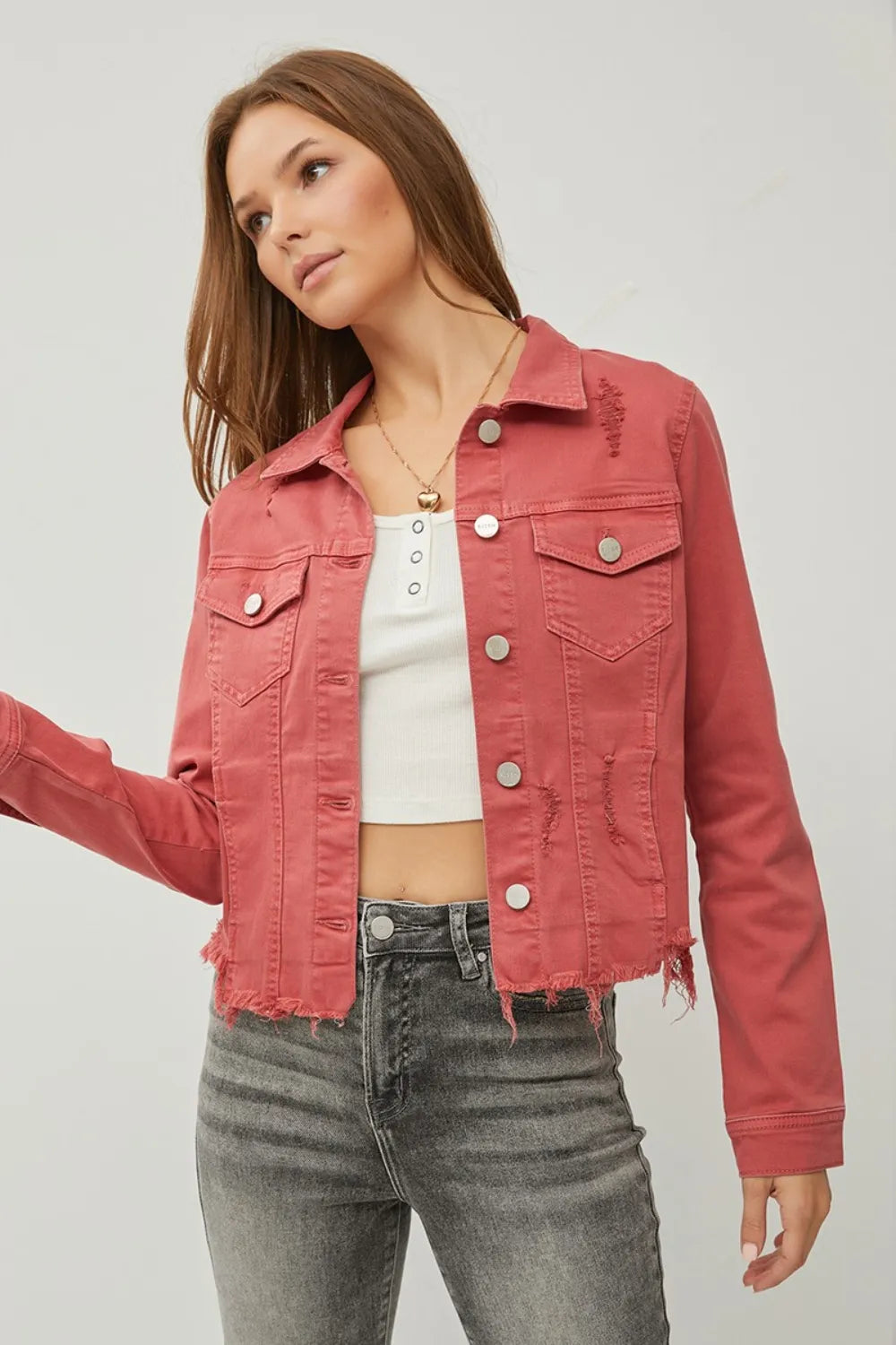 Risen Full Size Raw Hem Button Up Cropped Denim Jacket Plus Size - Love Salve