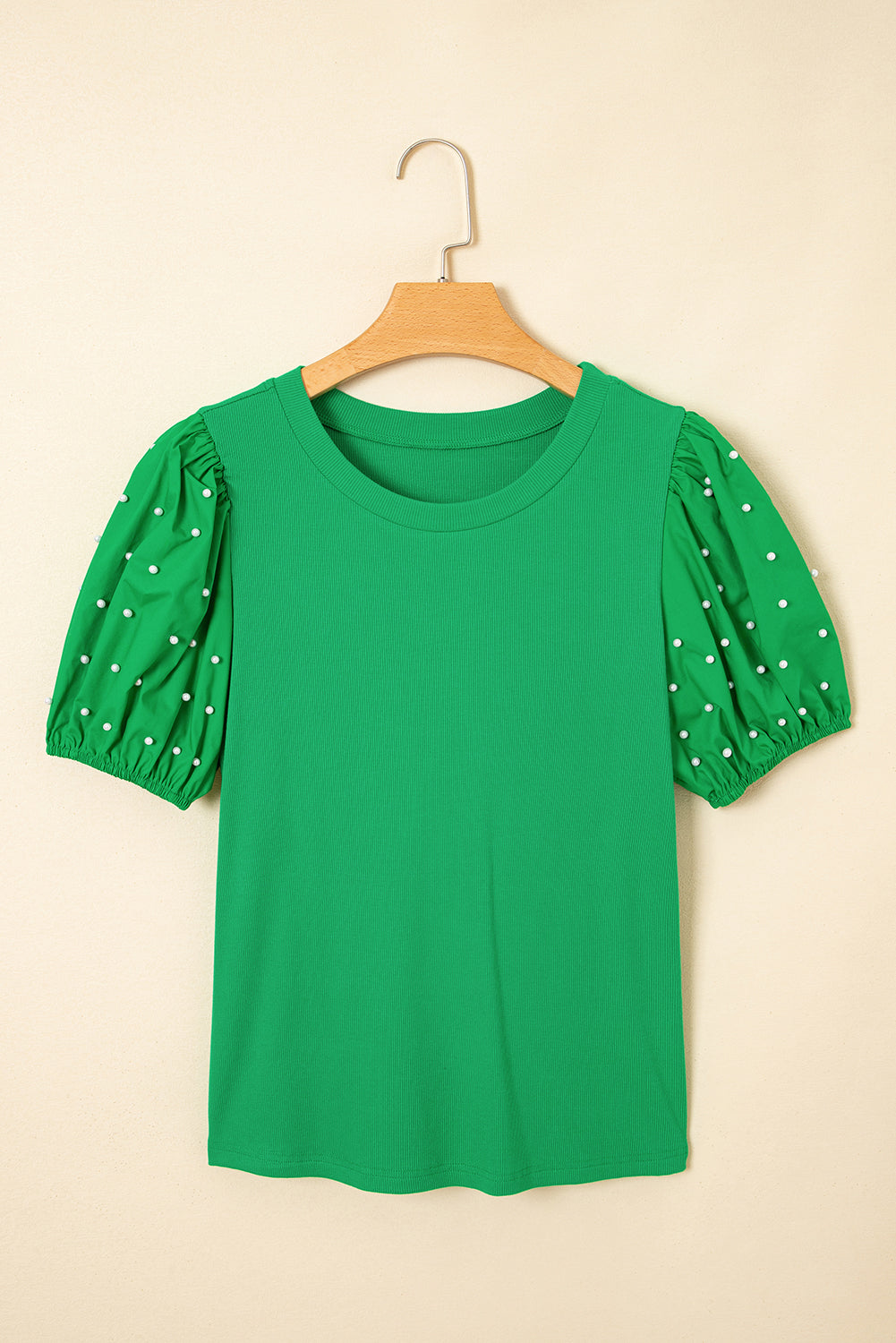 Bright Green Ribbed Pearl Beaded Puff Sleeve Top for Women