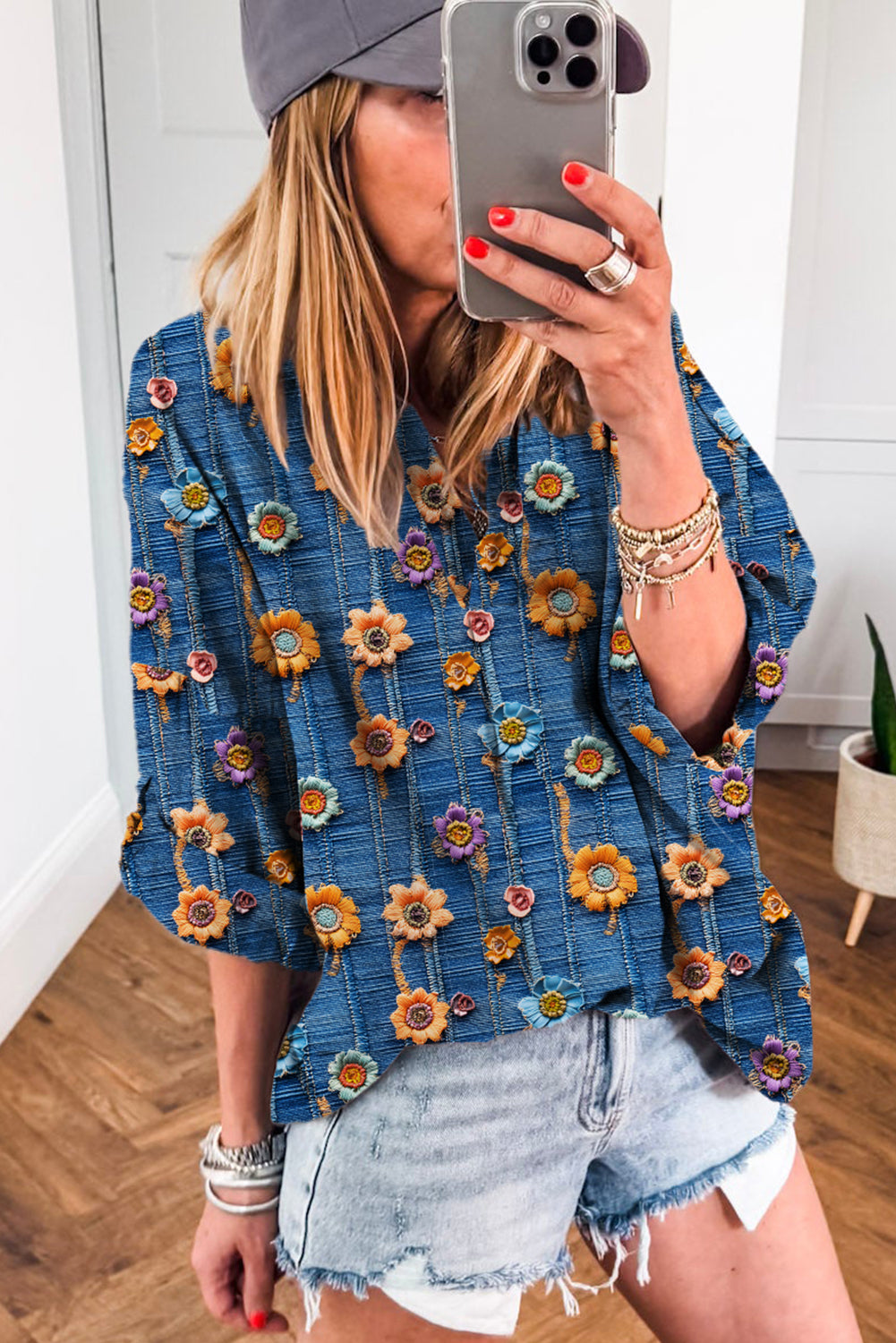 Premium Blue Floral Collared V Neck Roll Up Sleeve Blouse