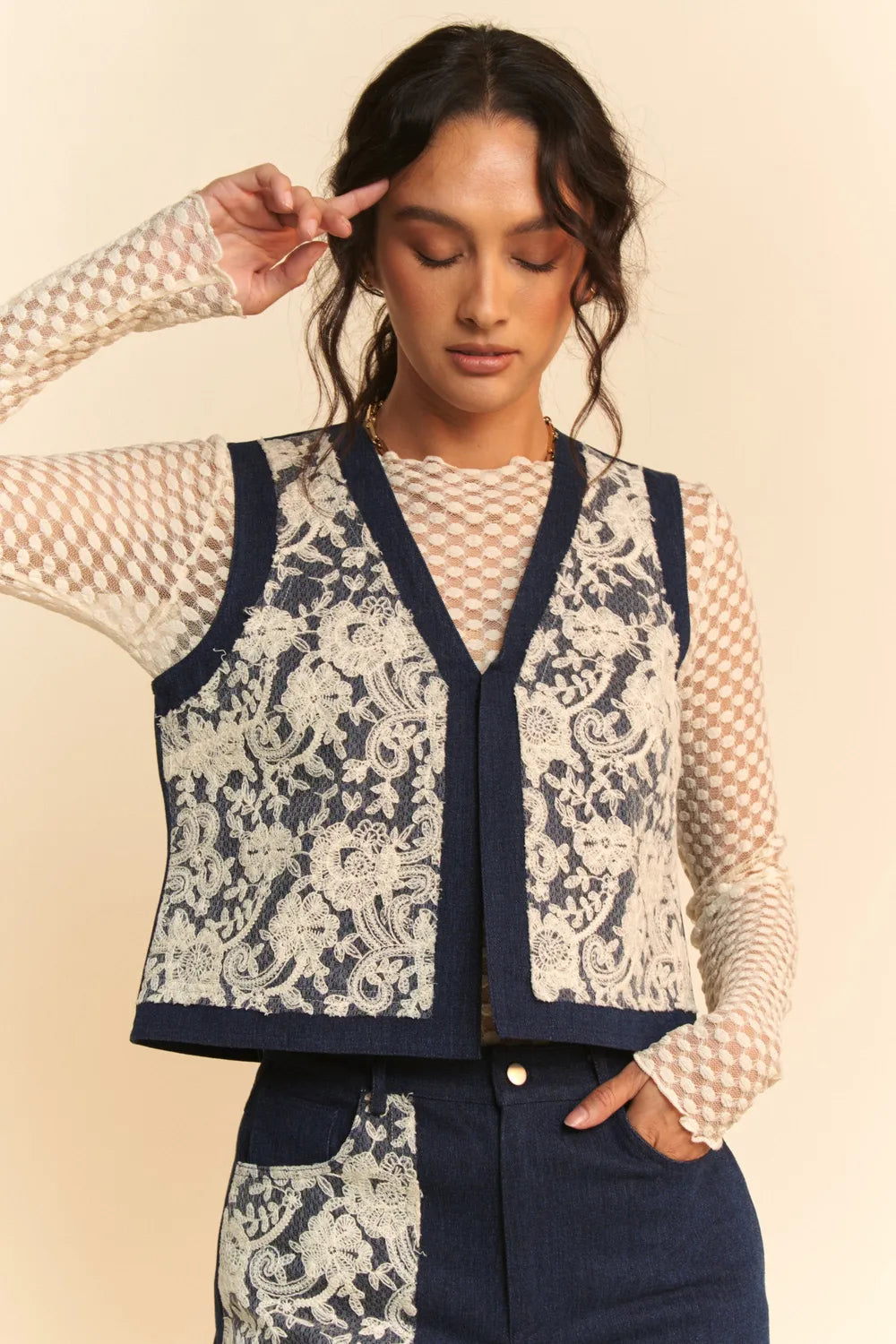 Davi and Dani Lace Patch Open Front Denim Vest - Love Salve