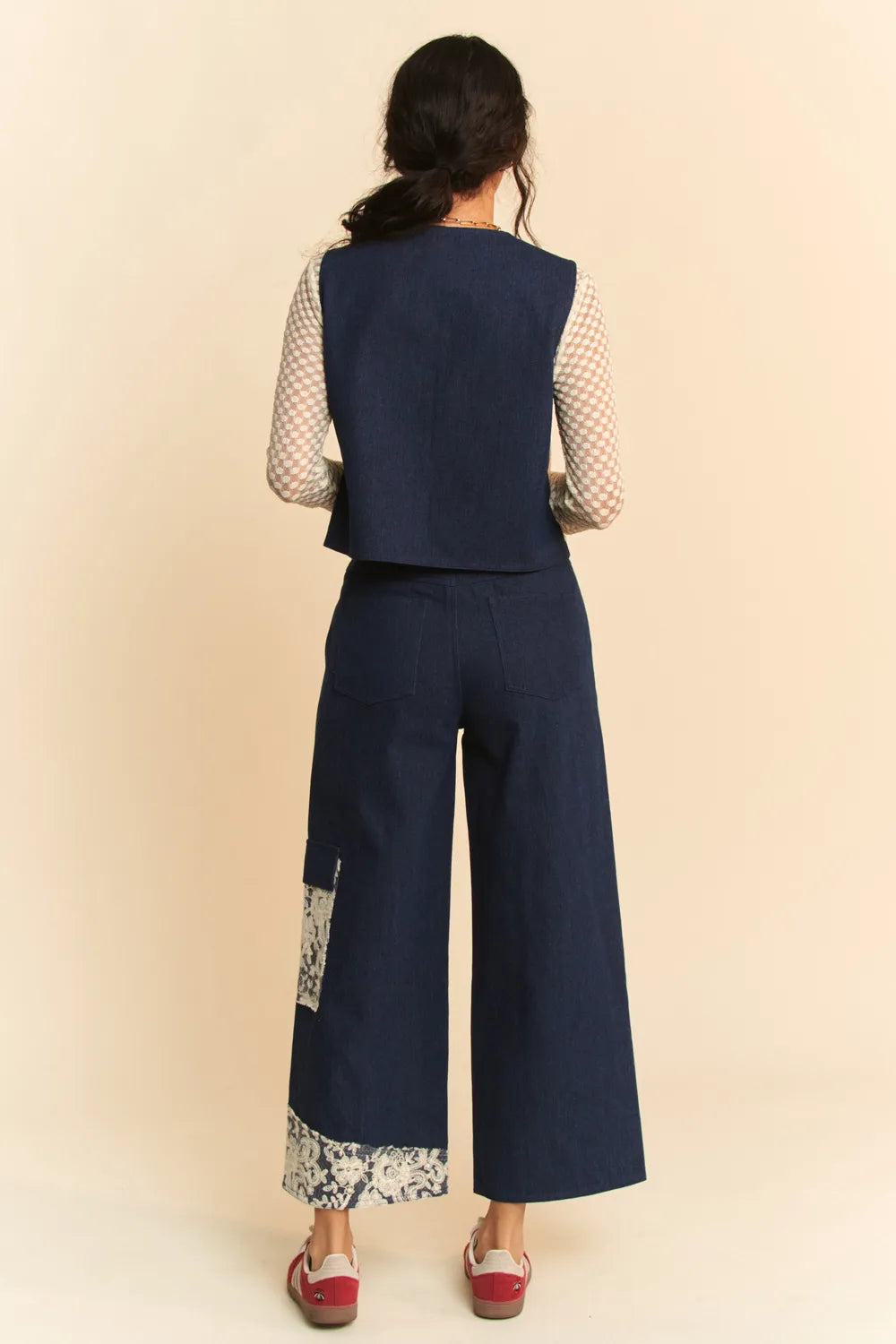 Davi and Dani Lace Patch Open Front Denim Vest - Love Salve