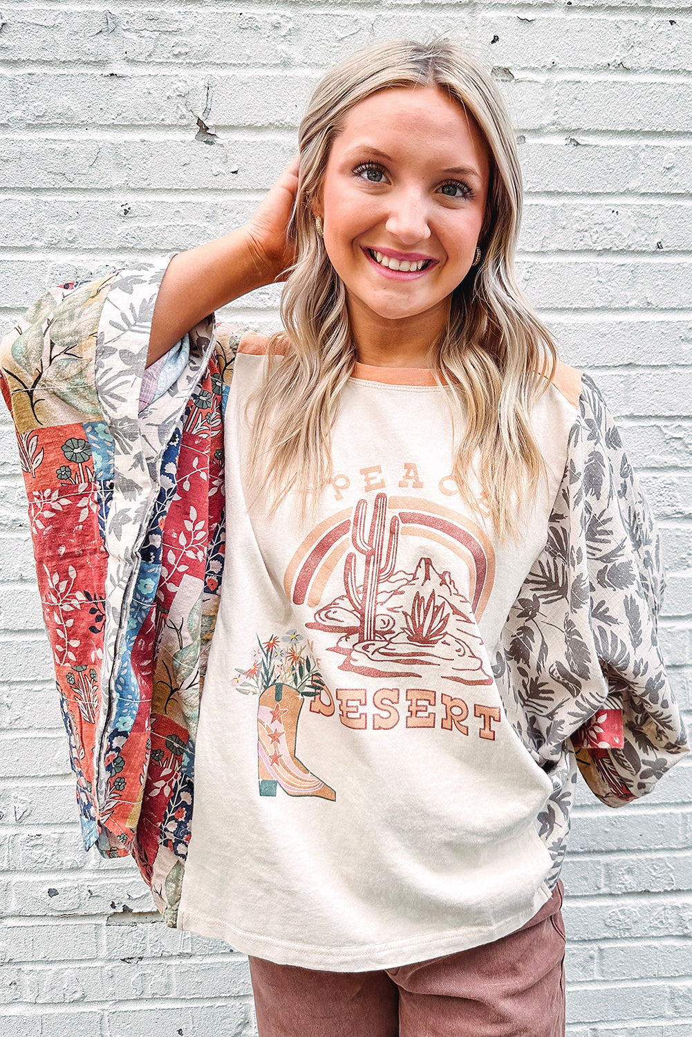 Multicolour Asymmetric Printed Patchwork Sleeve Top for Women
