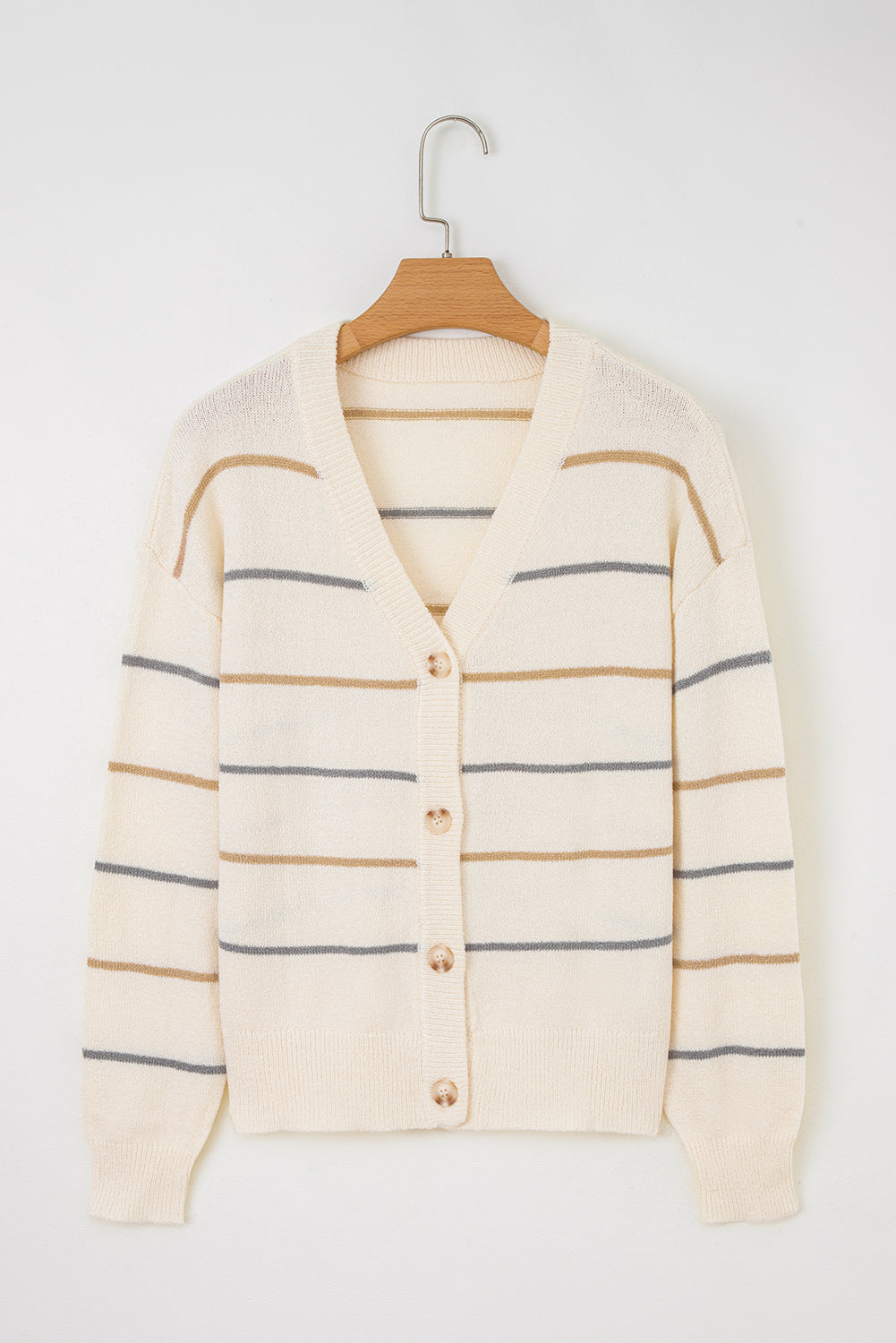 Multicolour Striped Buttoned V Neck Drop Shoulder Cardigan