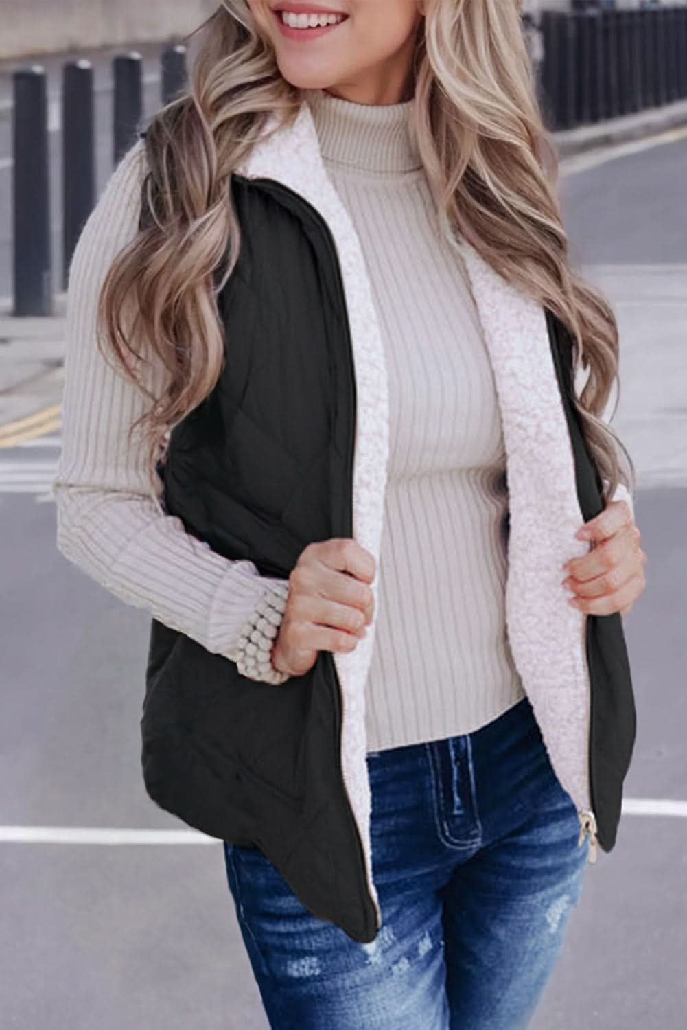 Black Fleece Lined Quilted Zip up Vest Coat - Love Salve