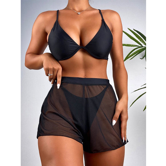 Push Up Bikini Set Sexy Solid Swimsuit Women Mesh Pants Bathing Suits Swimwear Bella Mia