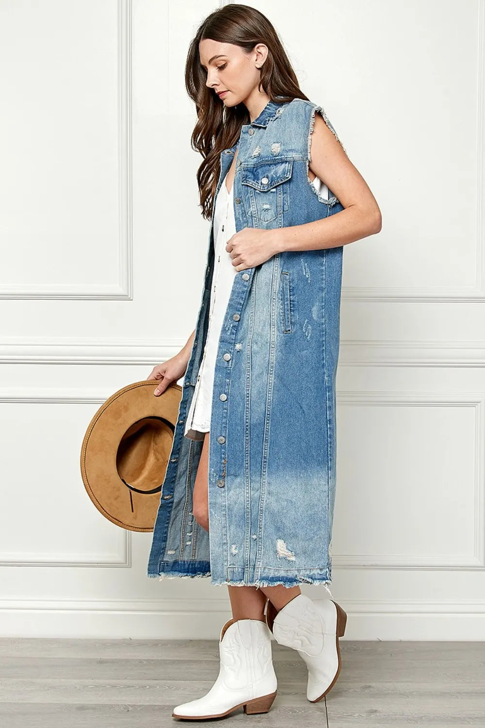 Veveret Full Size Distressed Sleeveless Longline Denim Jacket - Love Salve
