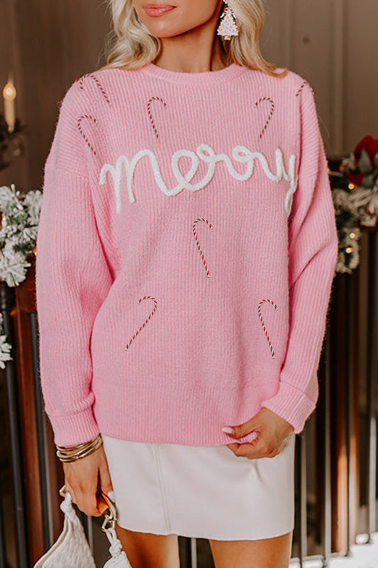 Pink Merry Candy Cane Puffy Knit Crew Neck Sweater Dear-Lover Dropshipping
