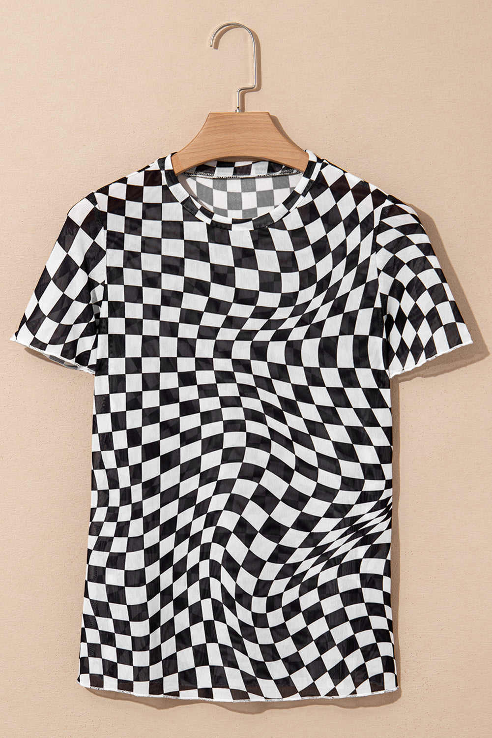 Black Checker Mesh Crew Neck T Shirt for Women Fashion