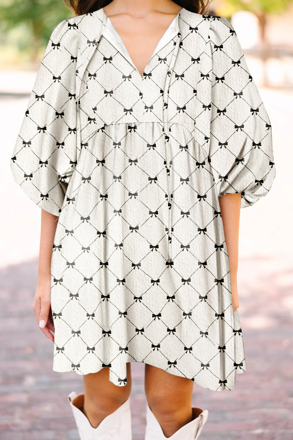 White Bowtie Pattern Textured Puff Half Sleeve Mini Dress