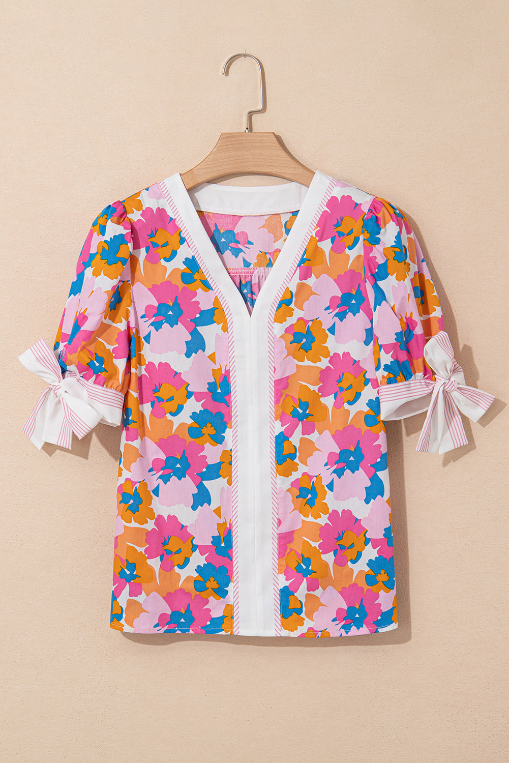 White Floral Colorblock Striped Edge V Neck Knotted Blouse