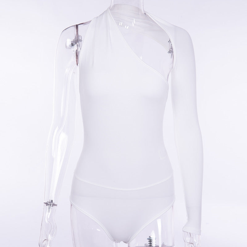 Sexy One-Shoulder Tight Bodysuit Spring Summer Street Office Milk Silk Bottoming Shirt