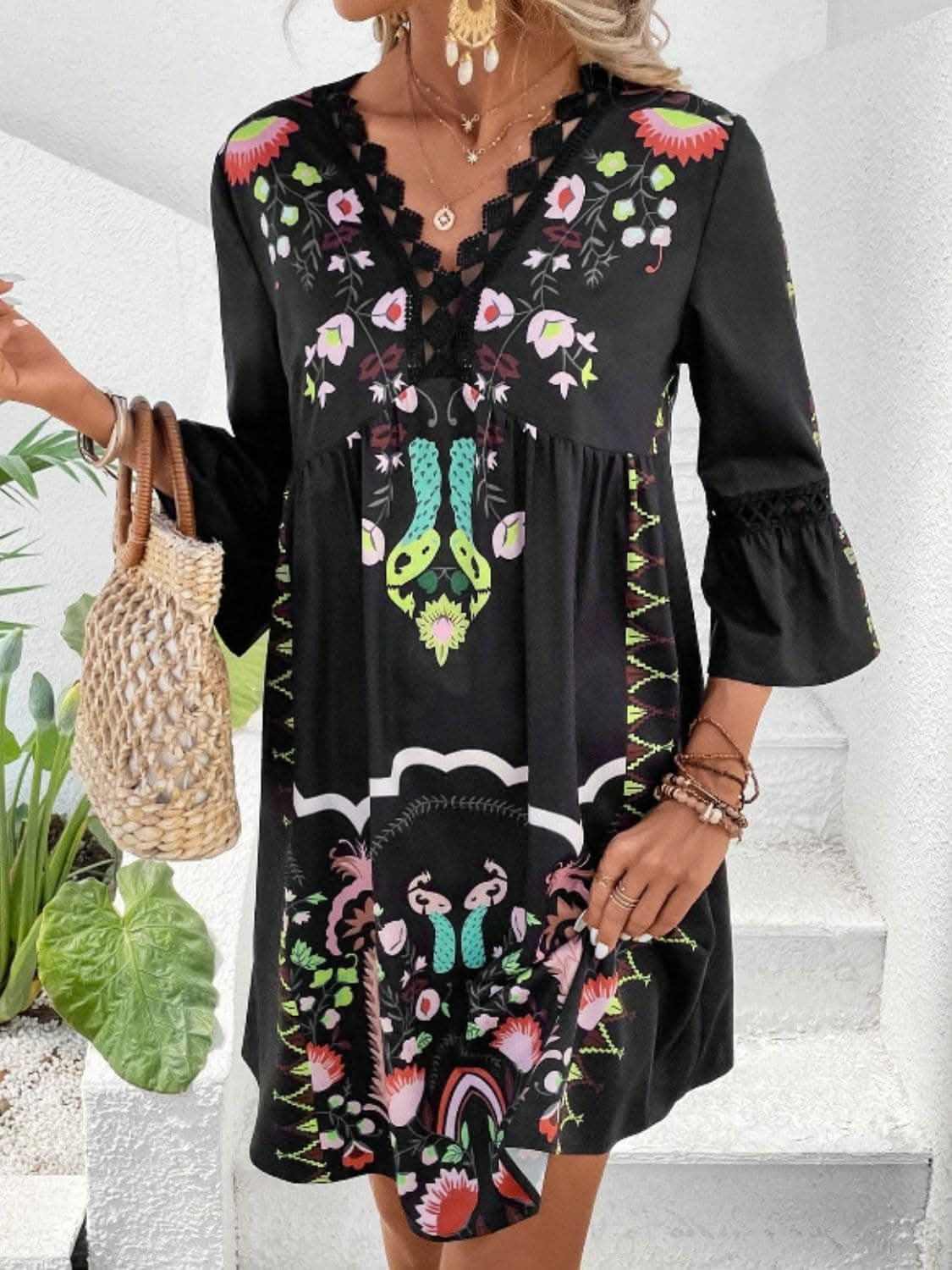 Lace Printed Three-Quarter Dress with Sheer Elegance - Love Salve