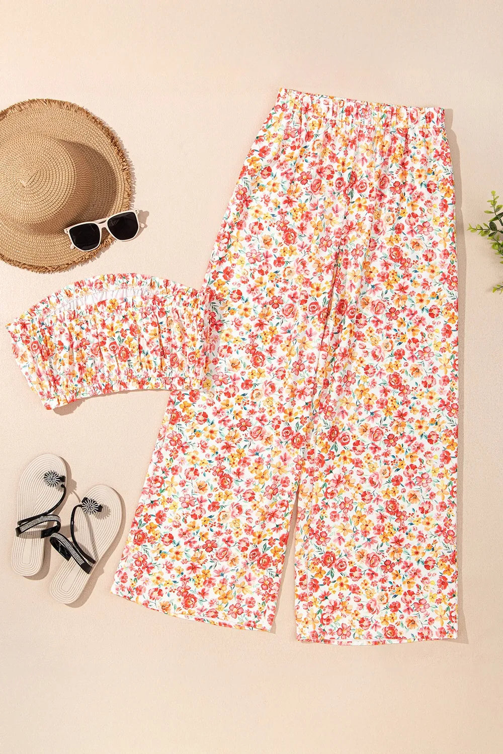 Sunset Bloom Boho Bandeau & Wide-Leg Pants Set