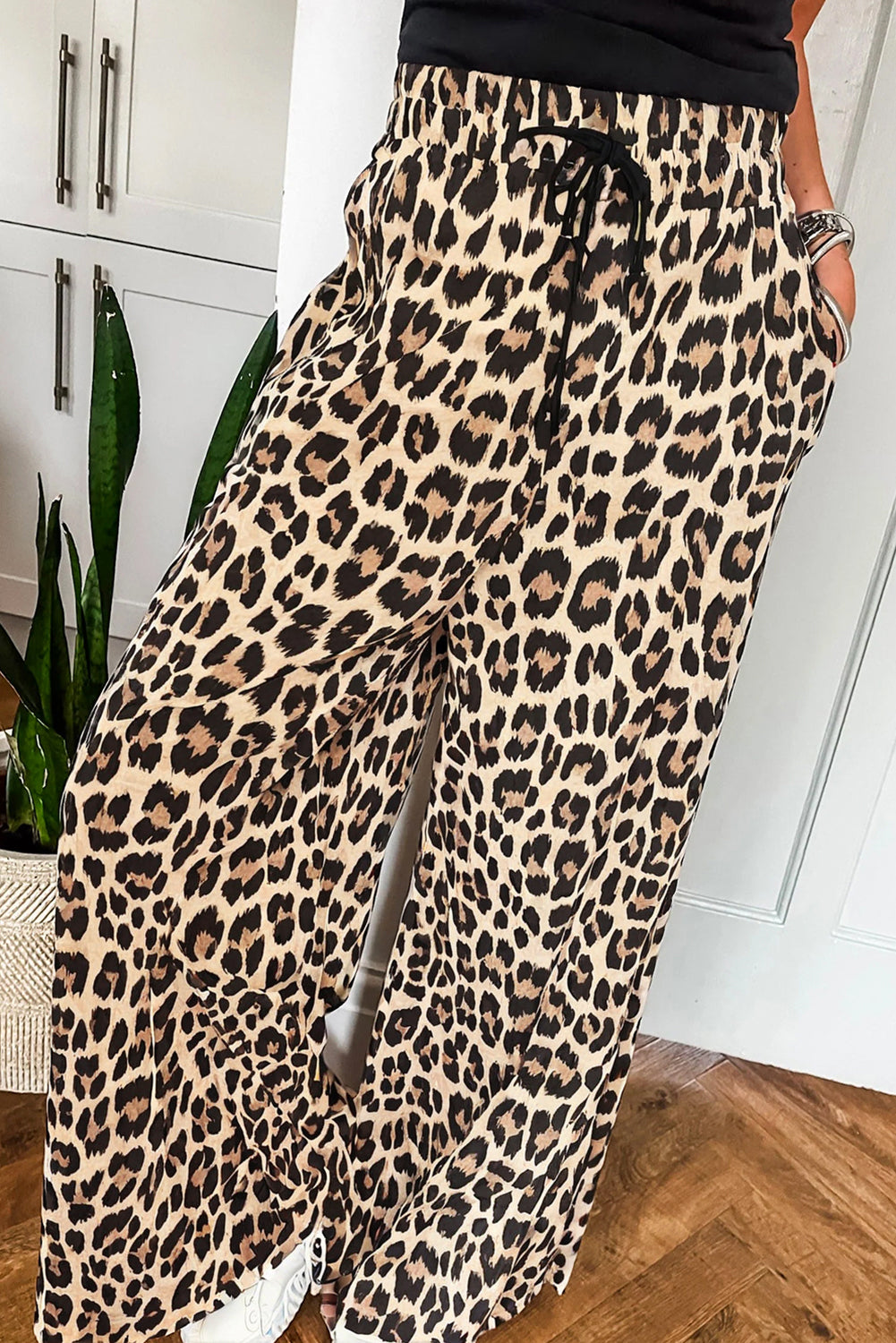 Parchment Leopard Drawstring Flowy Wide Leg Pants for Women