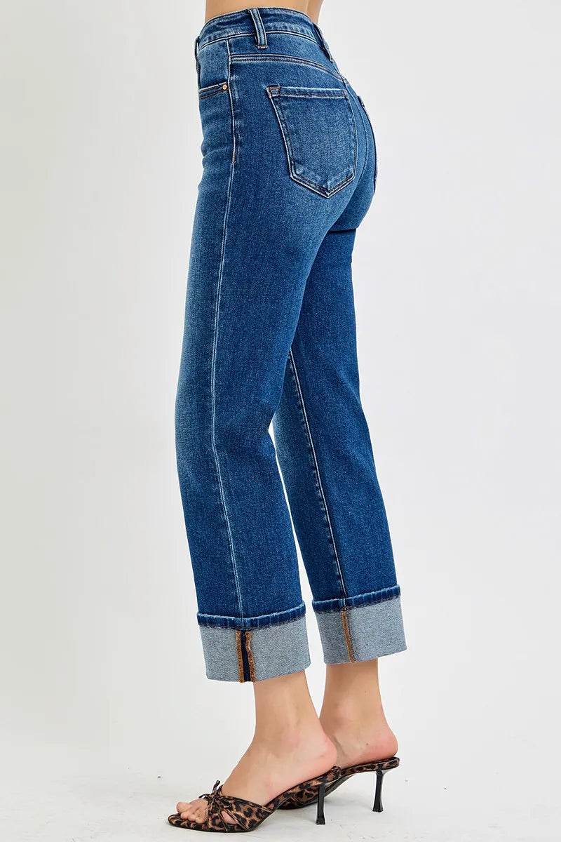 Risen Full Size High Rise Ankle Straight Cuffed Jeans Plus Size - Love Salve