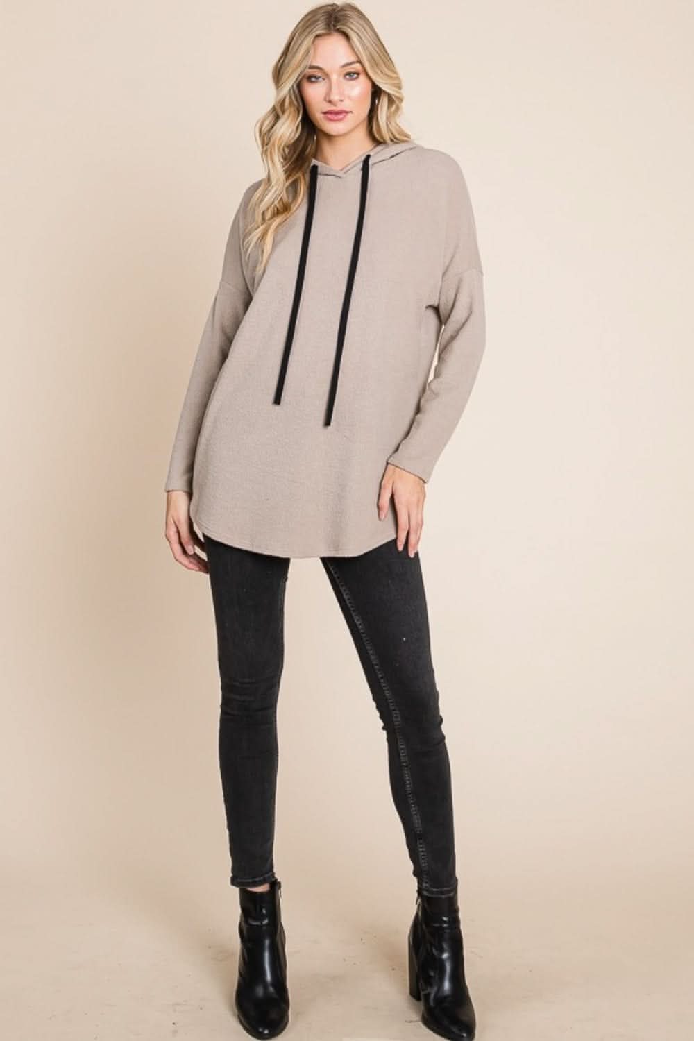 BOMBOM Contrast Drawstring Drop Shoulder Knit Hoodie - Love Salve