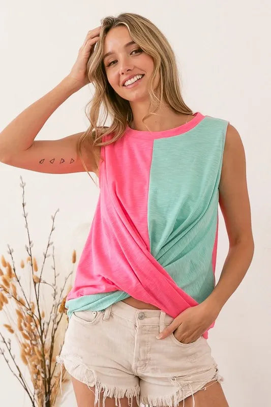BiBi Slub Terry Color Block Twisted Top - Love Salve