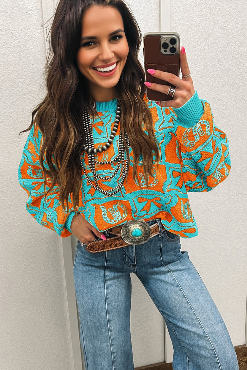 Light Blue Bows And Horseshoes Pattern Western Sweater