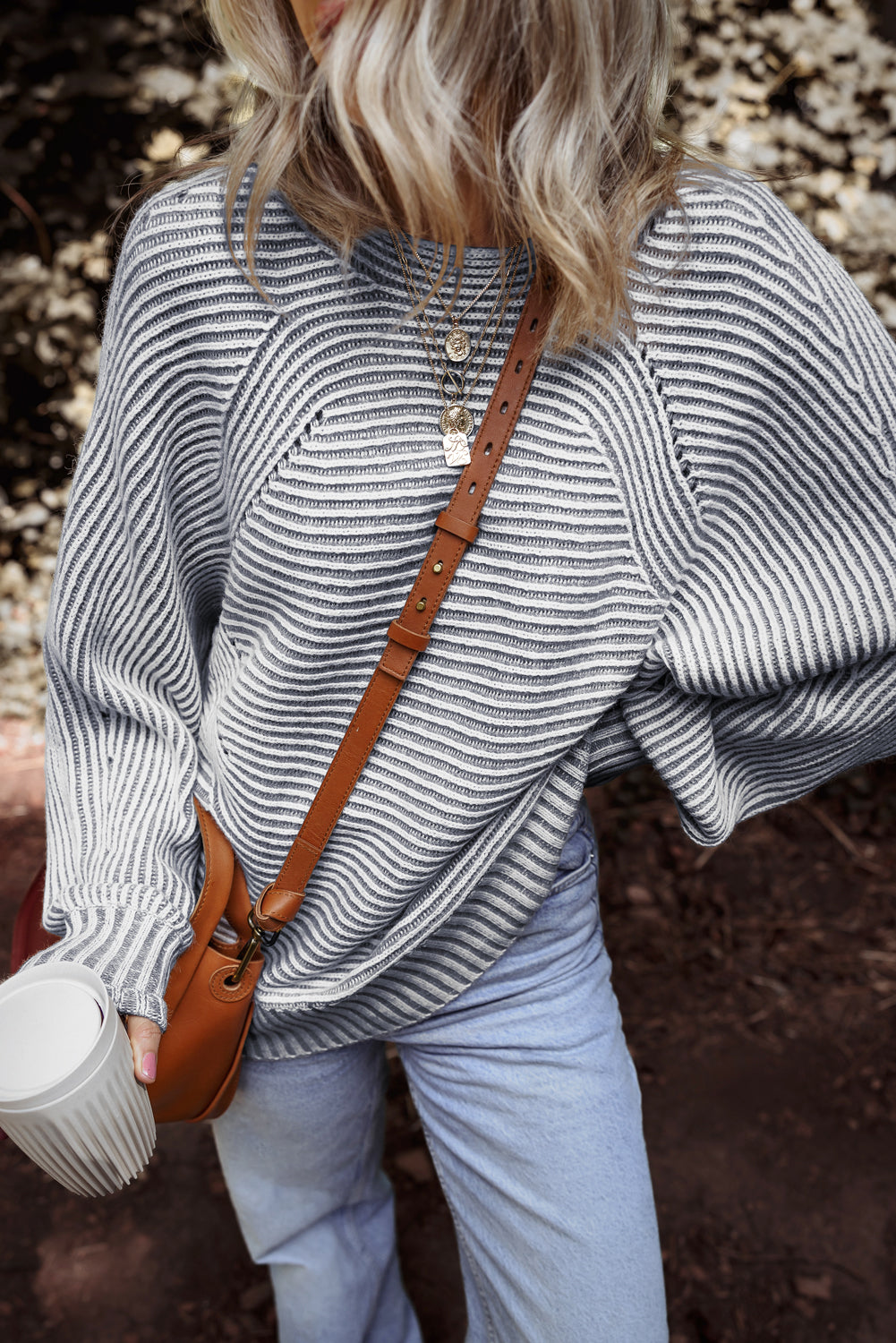Ashleigh Blue Striped Ribbed Knit Baggy Boat Neck Sweater