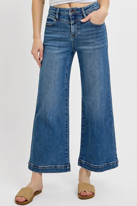 Risen Full Size High Rise Crop Wide Leg Front Yoke Detail Jeans Plus Size - Love Salve