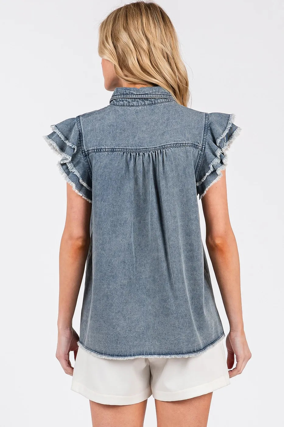 Mittoshop Washed Denim Ruffle Short Sleeve Collared Shirt - Love Salve