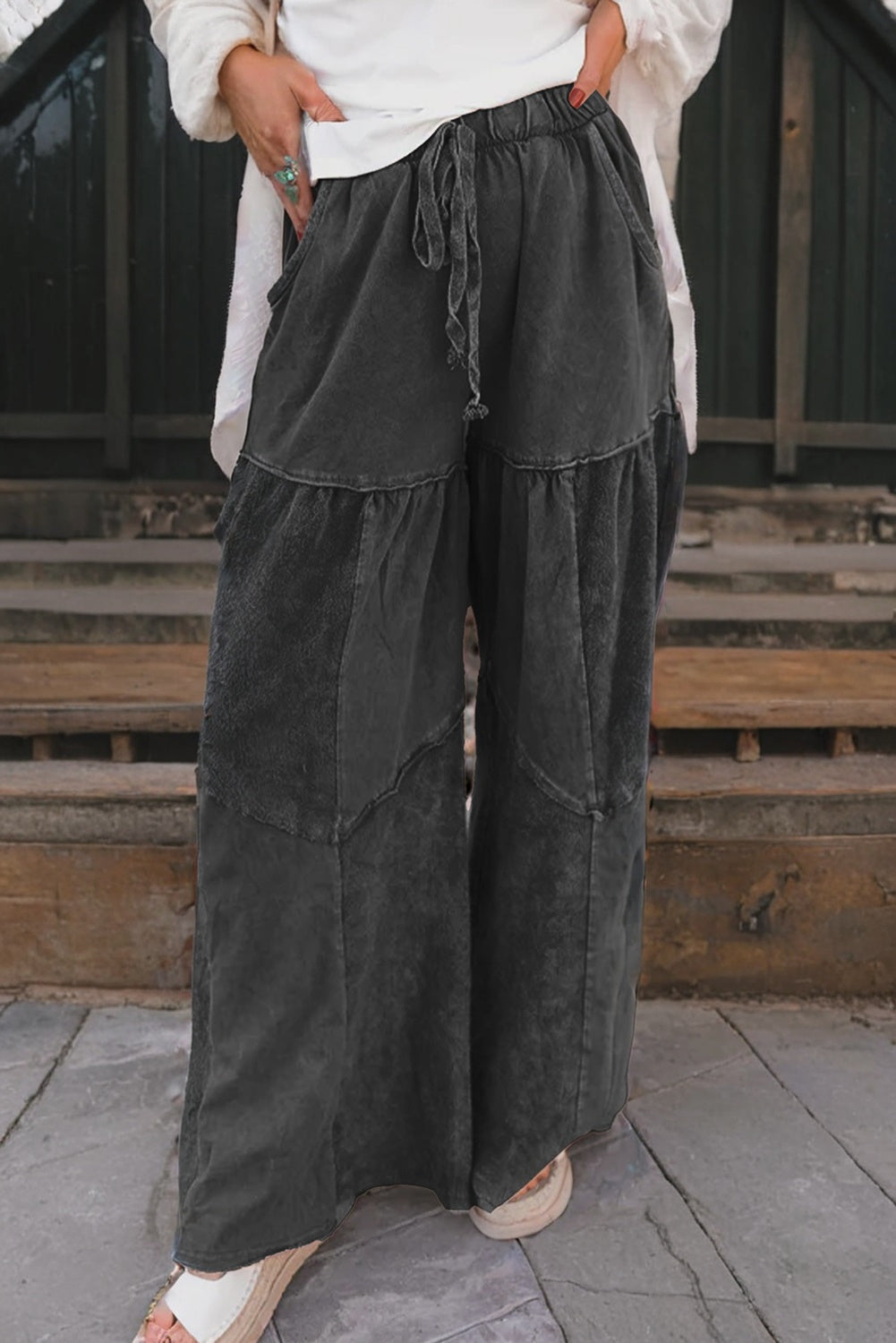 Premium Black Mineral Wash Tiered Wide Leg Patchwork Drawstring Pants