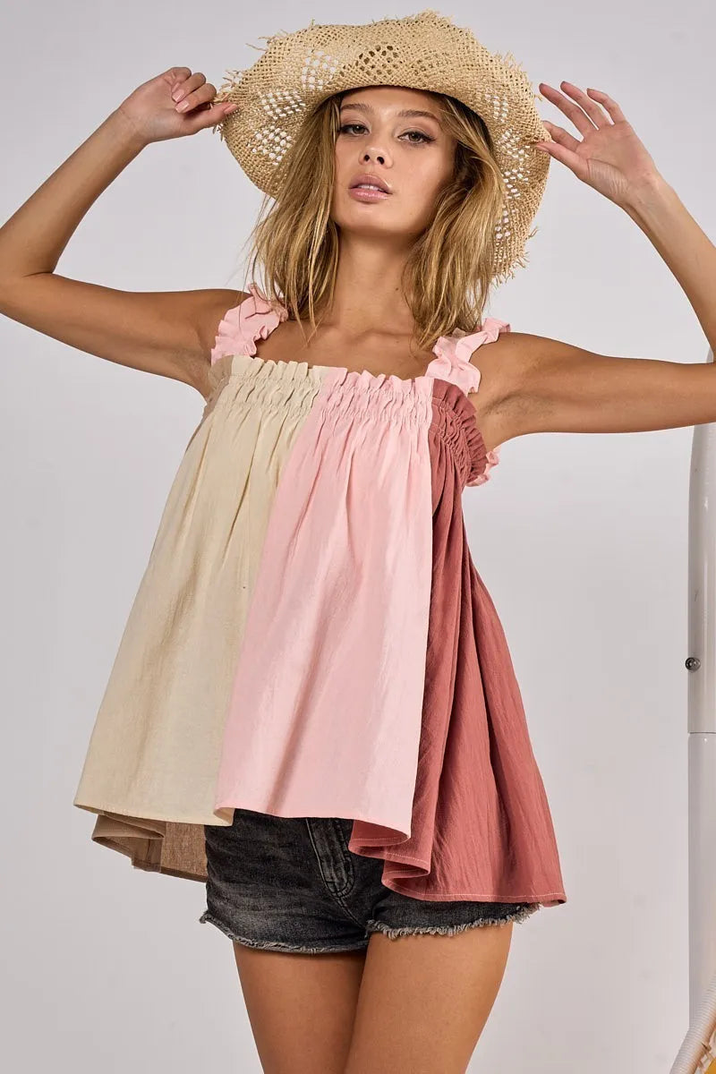 BiBi Frill Shoulder Strap Color Block Bodice Top - Love Salve