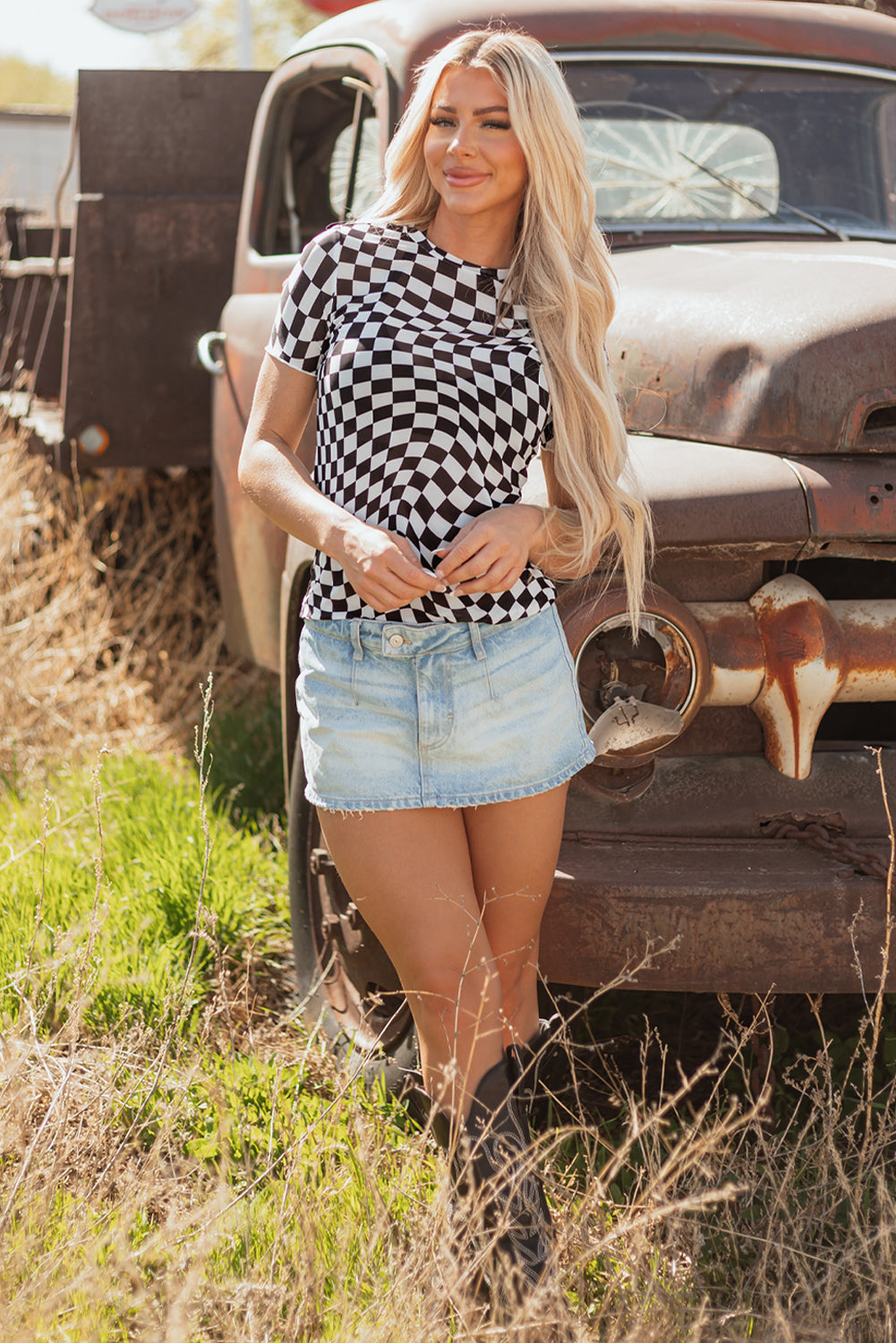 Black Checker Mesh Crew Neck T Shirt for Women Fashion