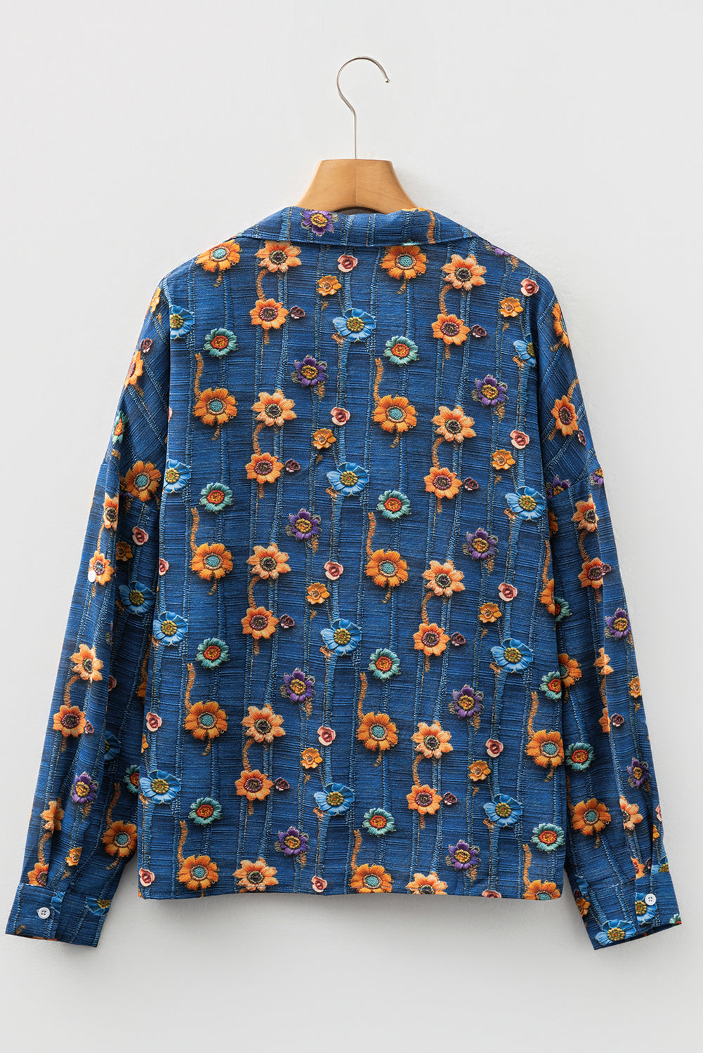 Premium Blue Floral Collared V Neck Roll Up Sleeve Blouse