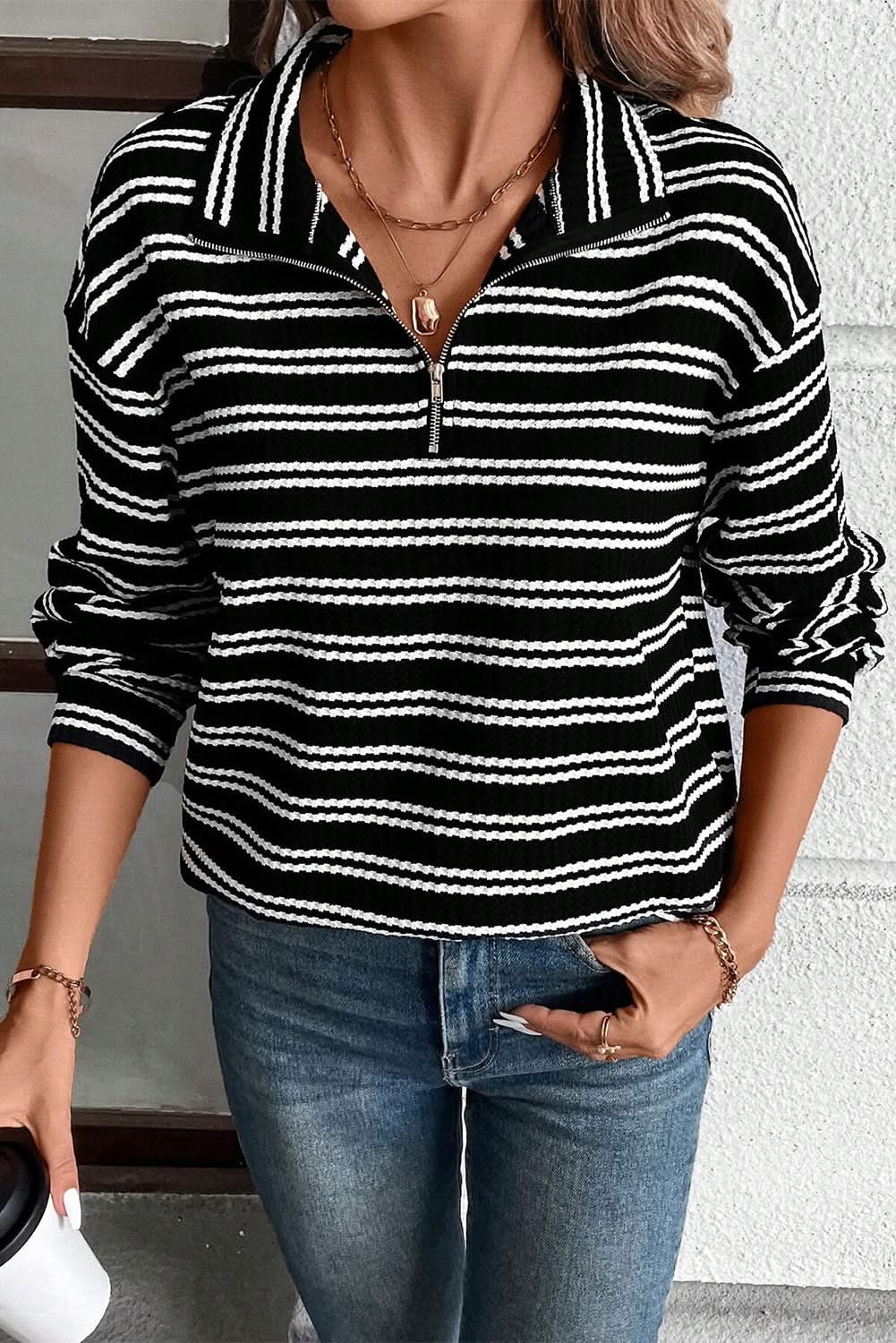 Black Stripe Textured Quarter Zip Collar Long Sleeve Top - Love Salve