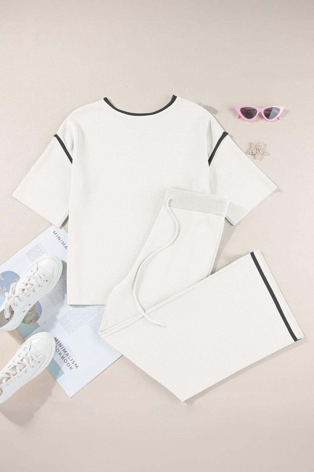 Premium White Contrast Trim Half Sleeve Top Drawstring Pants Set