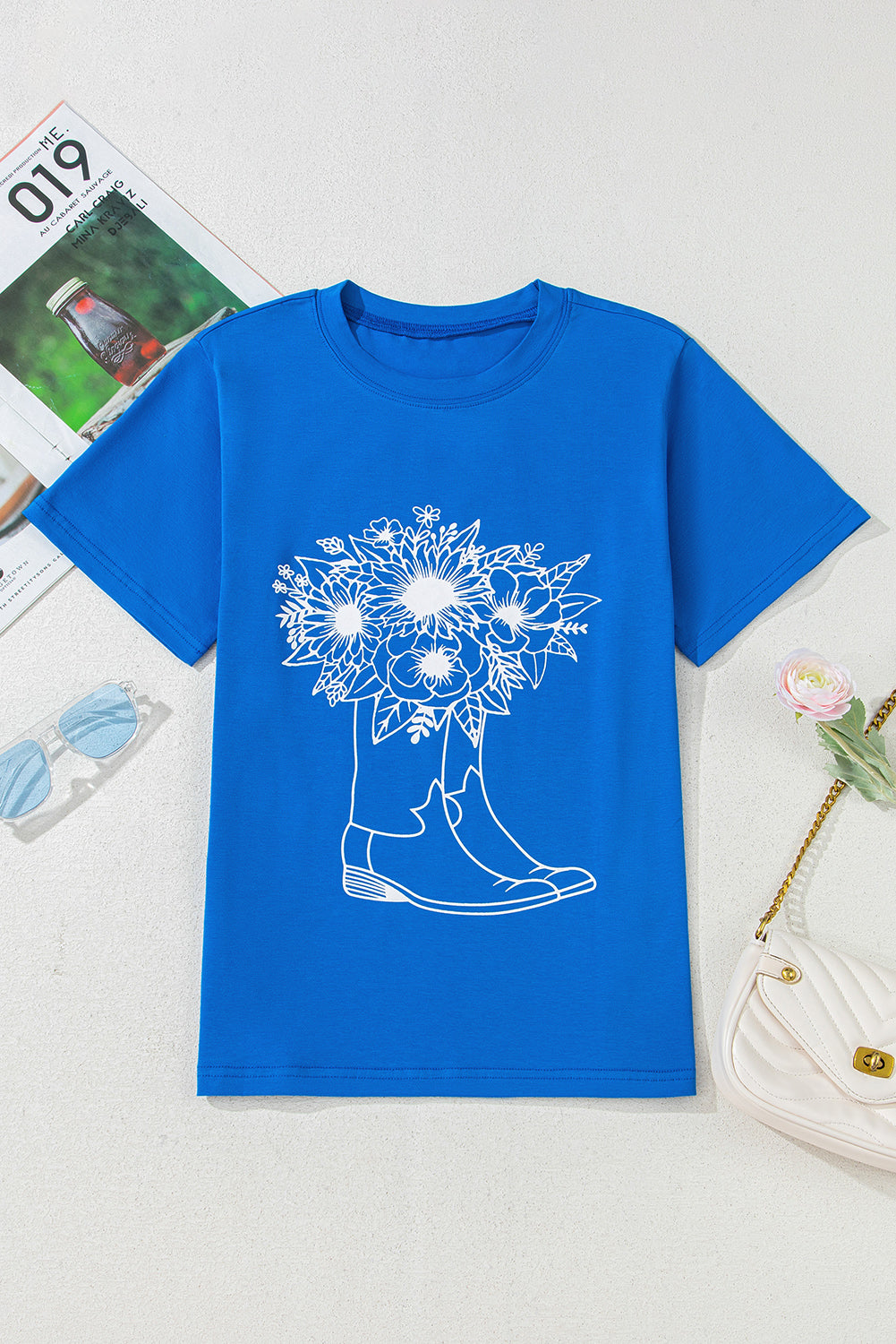 Blue Sunflower Boots Graphic Western Fashion T Shirt for Women