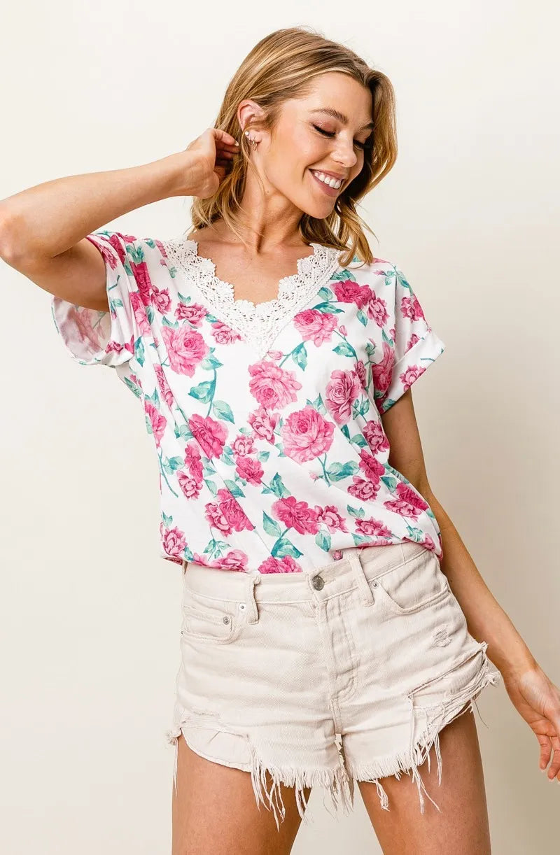 BiBi Rose Printed Poly Span with Crochet Lace Top - Love Salve