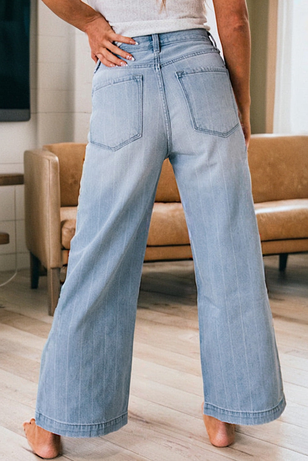 Beau Blue Multi Buttons Pinstripe Wide Leg Jeans for Women