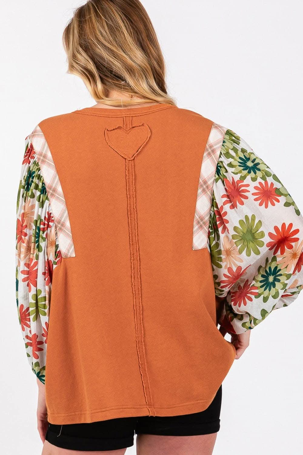 SAGE + FIG Full Size Printed Balloon Sleeve Contrast Top - Love Salve
