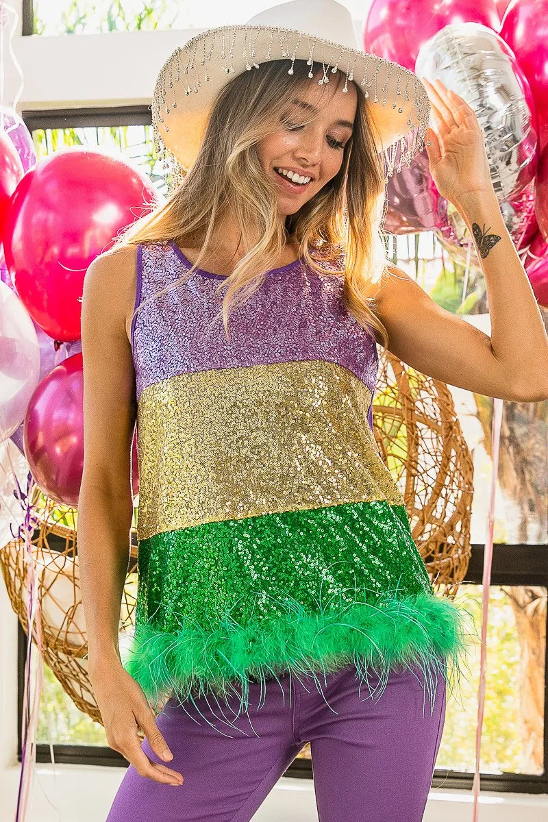 BiBi Mardi Gras Color Block Faux Feather Hem Sequin Top - Love Salve