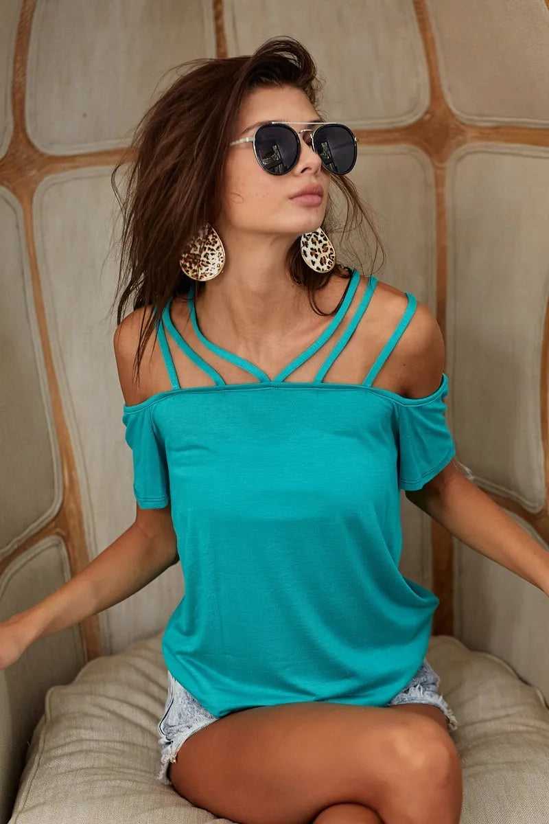 BiBi Rayon Span Jersey Lace Up Shoulder Detailed Top - Love Salve
