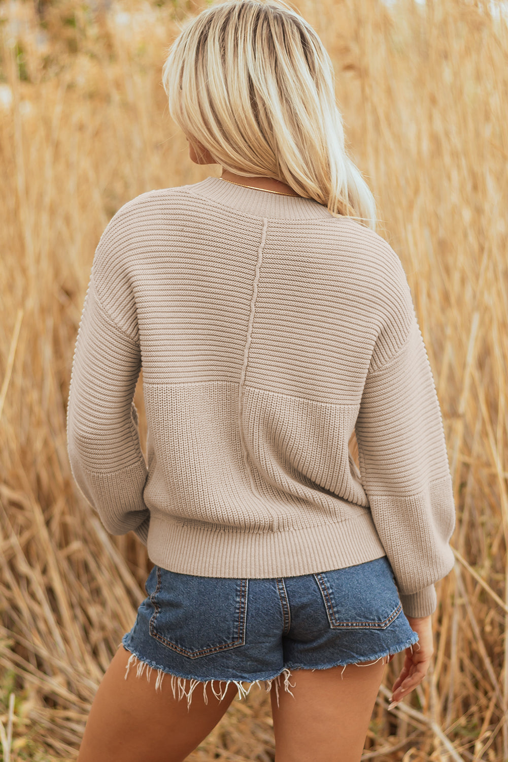 Premium Parchment Mixed Texture Patchwork Knitted Puff Sleeve Sweater
