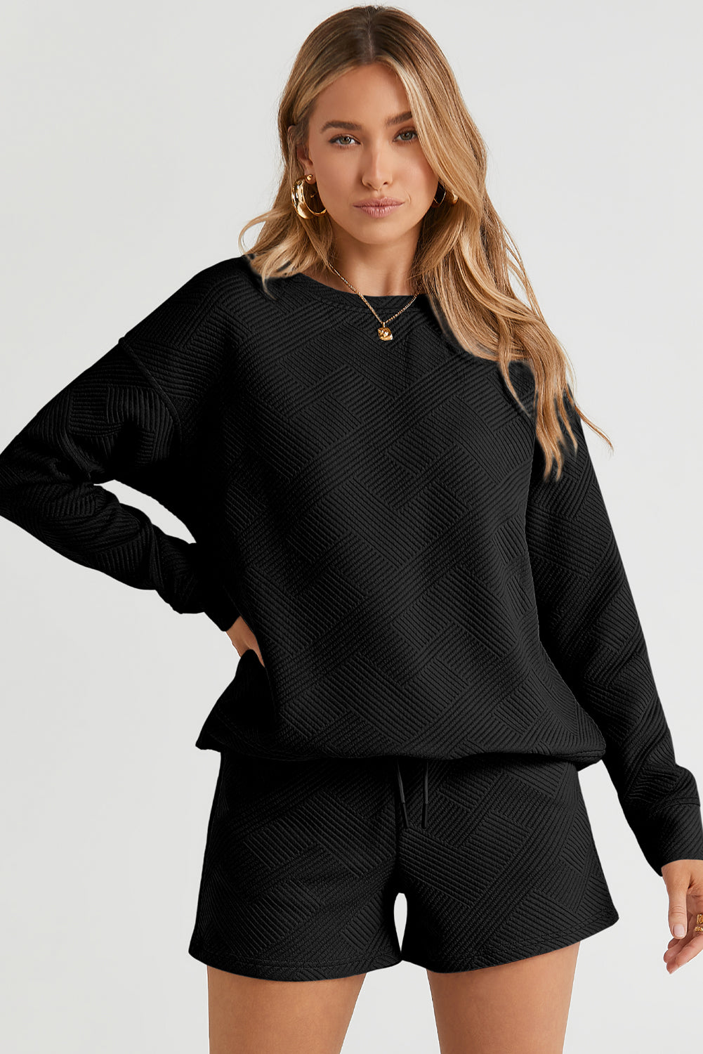 Adalyn Textured Long Sleeve Top and Drawstring Shorts Set - Love Salve