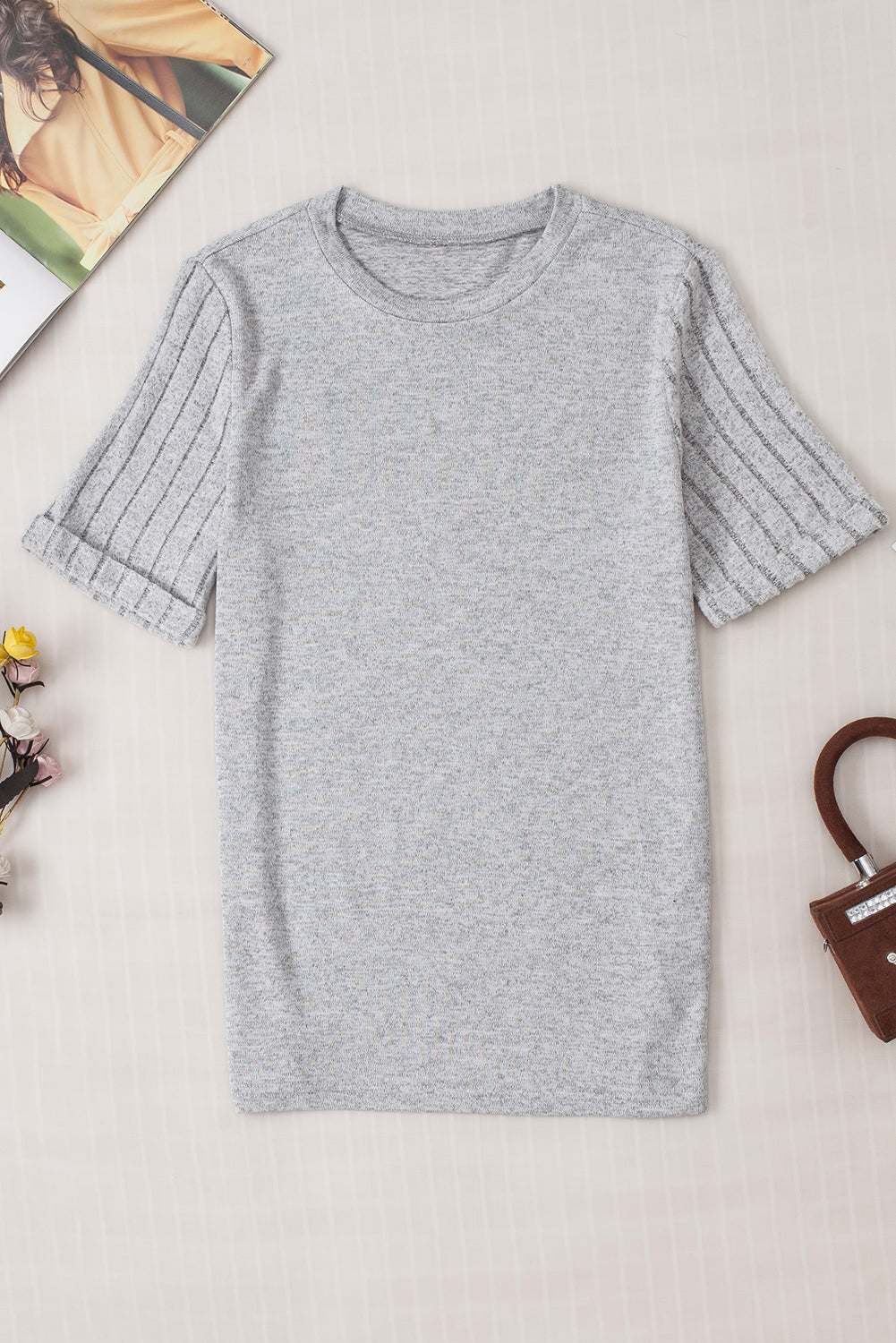 Alma Ribbed Splicing Sleeve Round Neck Top for Women - Love Salve