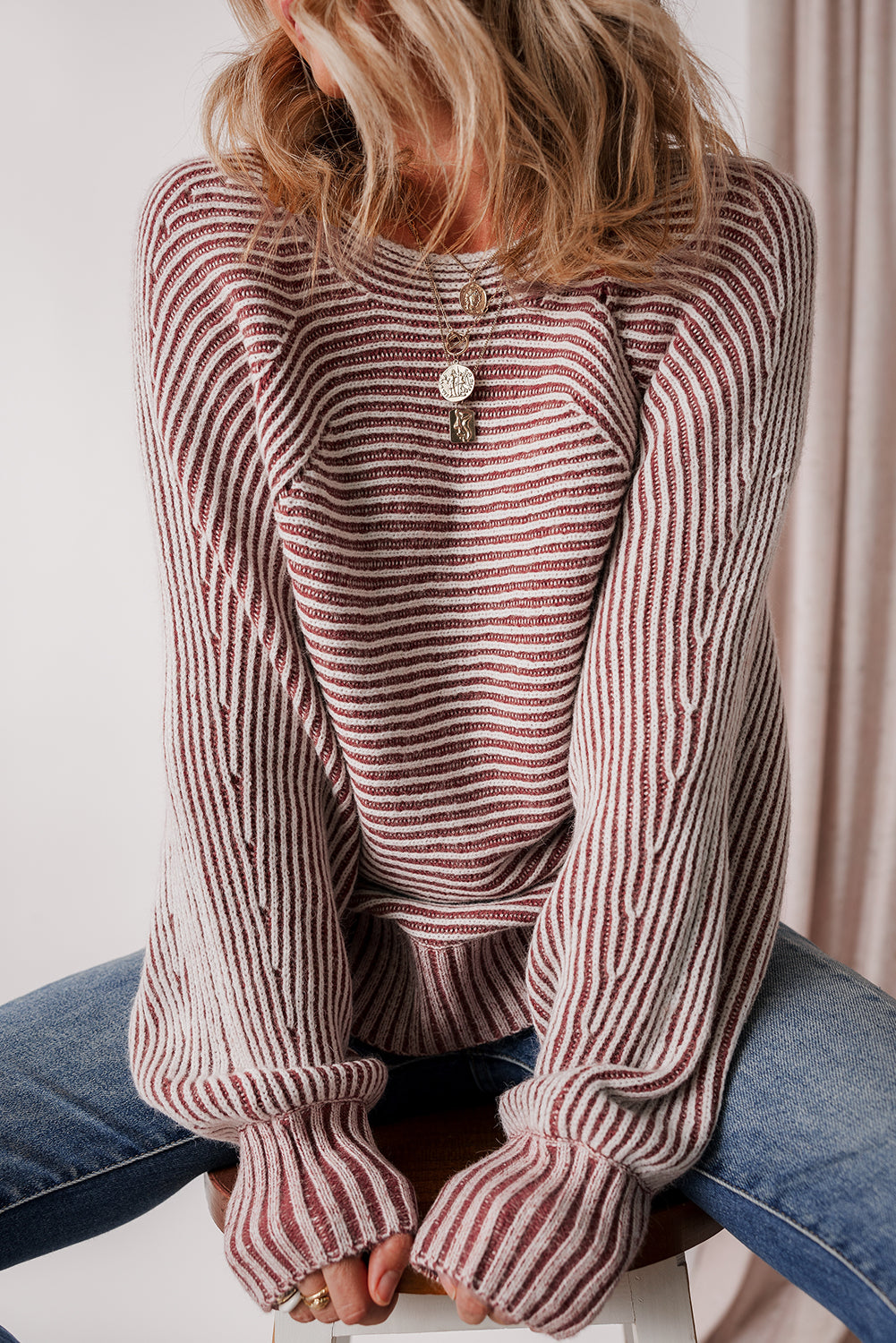 Premium Red Dahlia Striped Print Knit Boat Neck Baggy Sweater