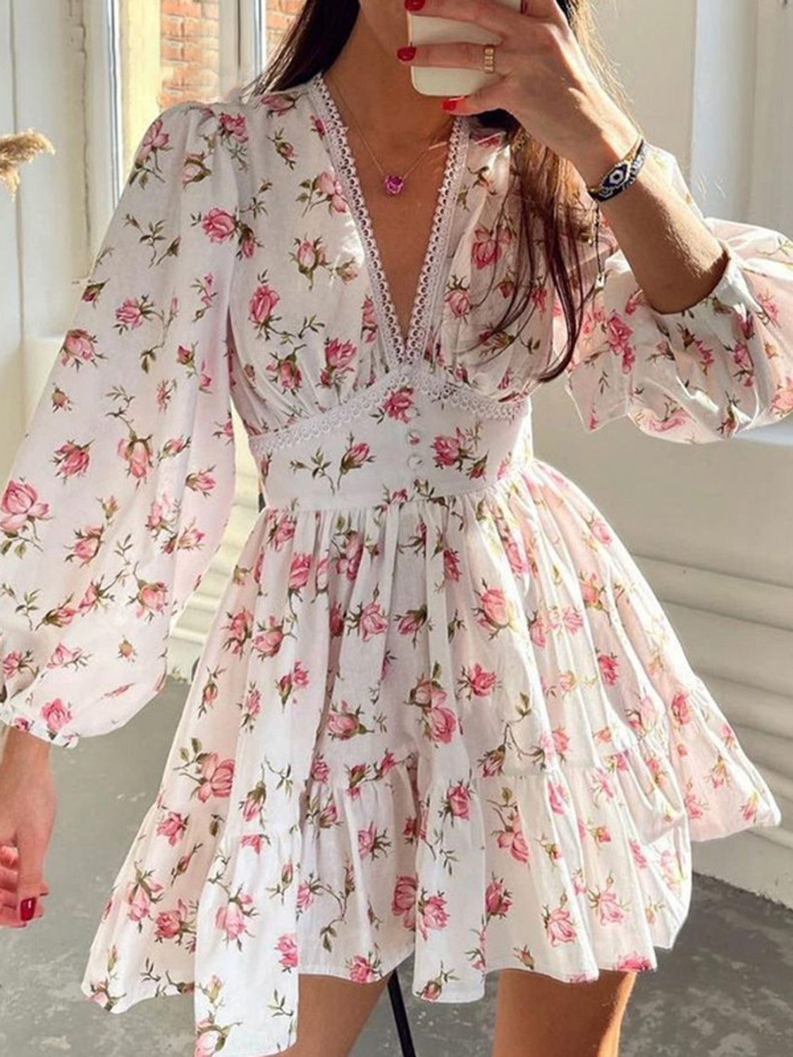 Whimsical Bloom V-Neck Lace Mini Dress