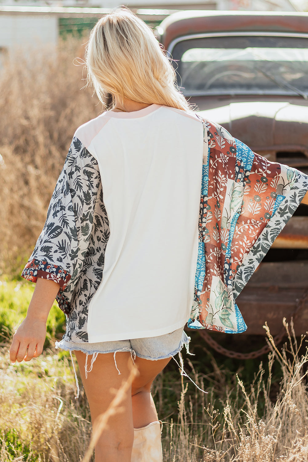 Multicolour Asymmetric Printed Patchwork Sleeve Top for Women
