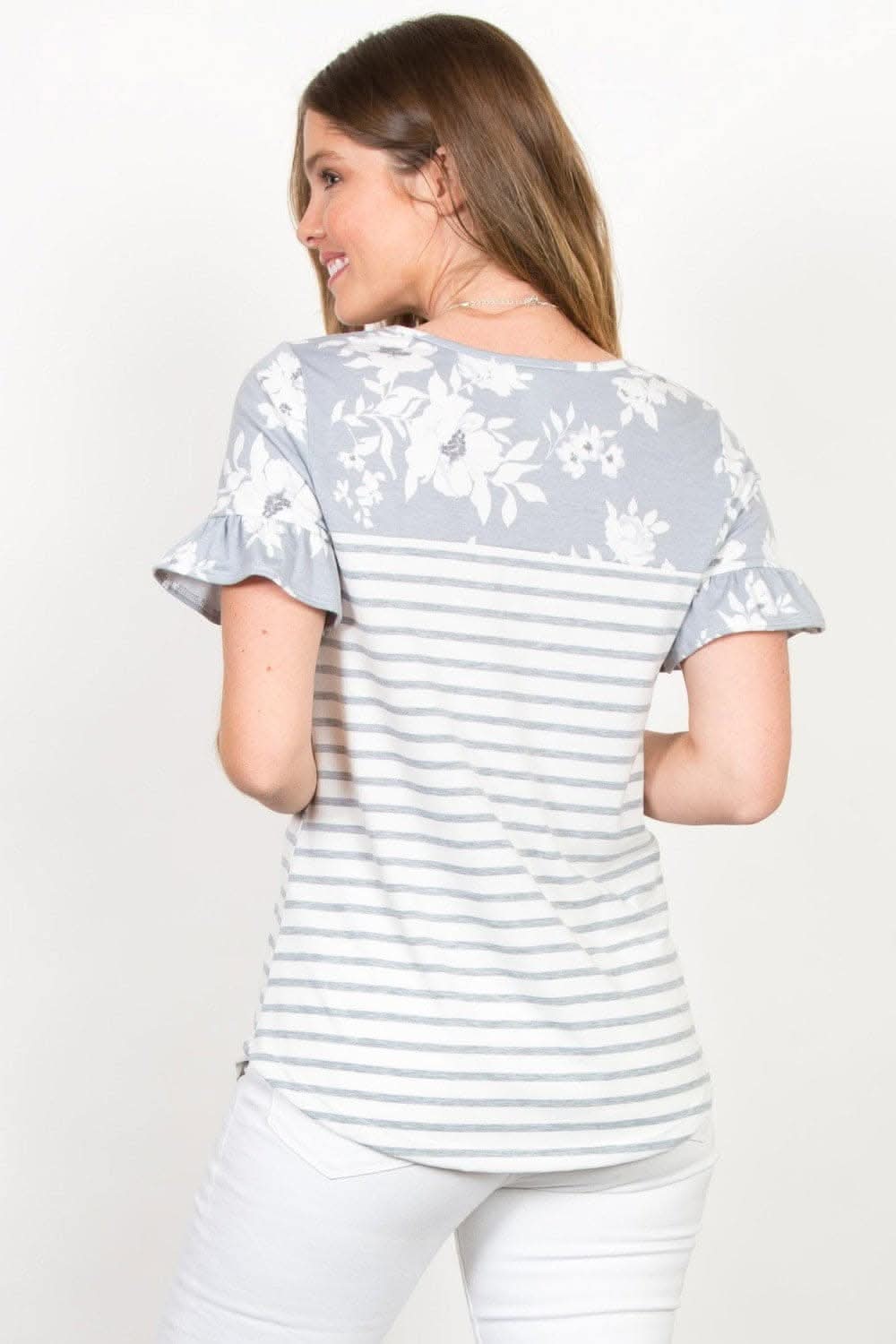 Be Stage Full Size Floral & Striped Flounce Sleeve Top - Love Salve