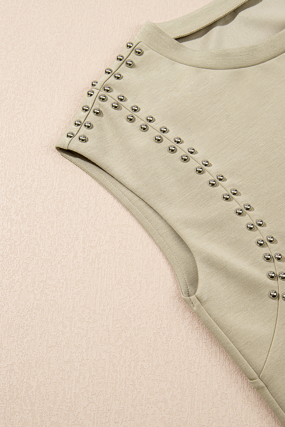 Sage Green Studded Cap Sleeve Round Neck T Shirt for Women