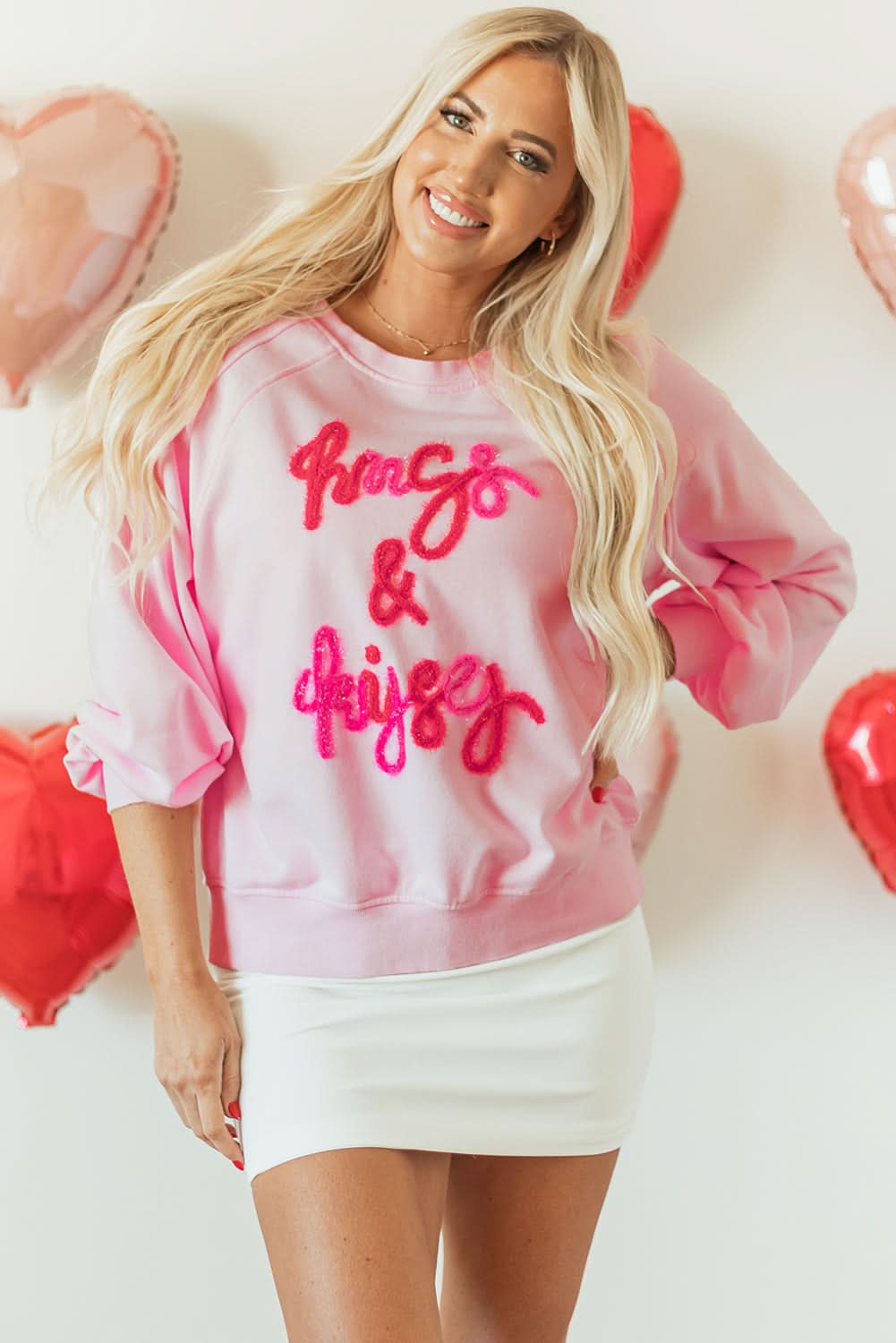 Pink Hugs and Kisses Pop Up Embroidered Raglan Sleeve Sweatshirt - Love Salve