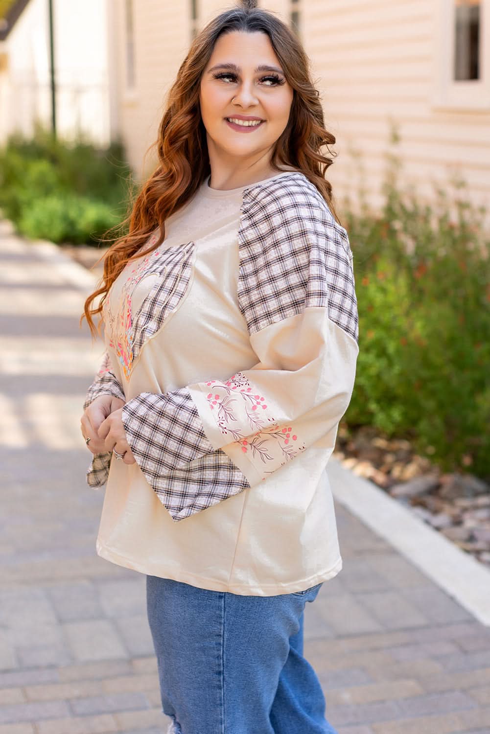 Beige Plaid Floral Peace Heart Graphic Wide Long Sleeve Top - Love Salve