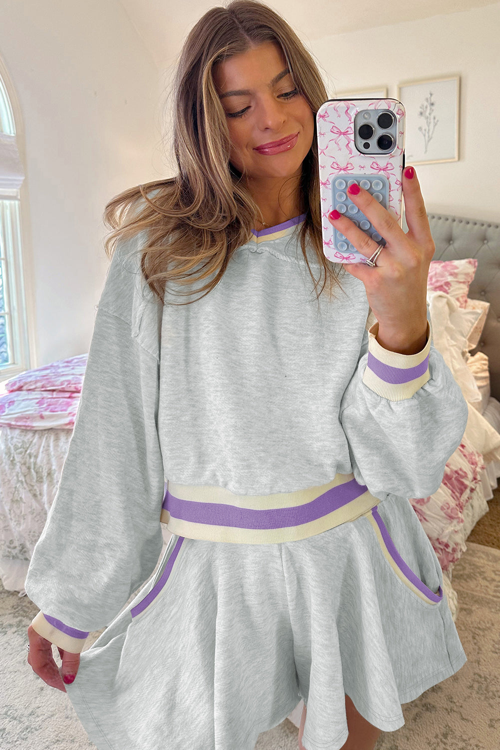 Premium Light Grey Contrast Striped Cropped Pullover And Short Set