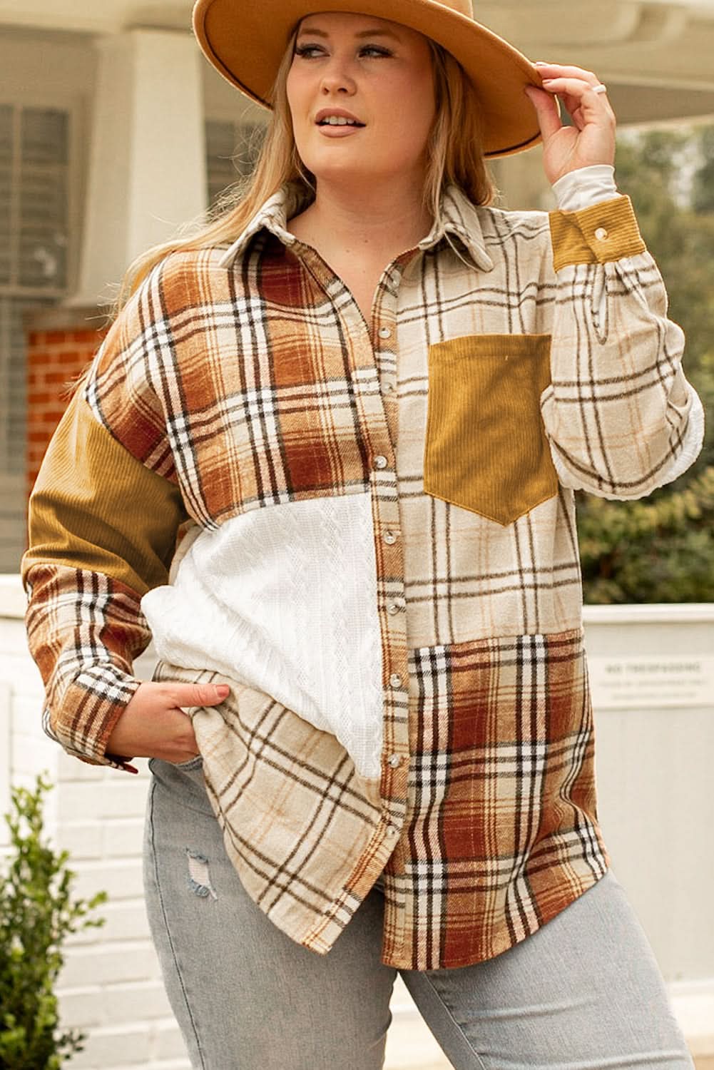 Golden apricot plaid shacket plus size - Love Salve