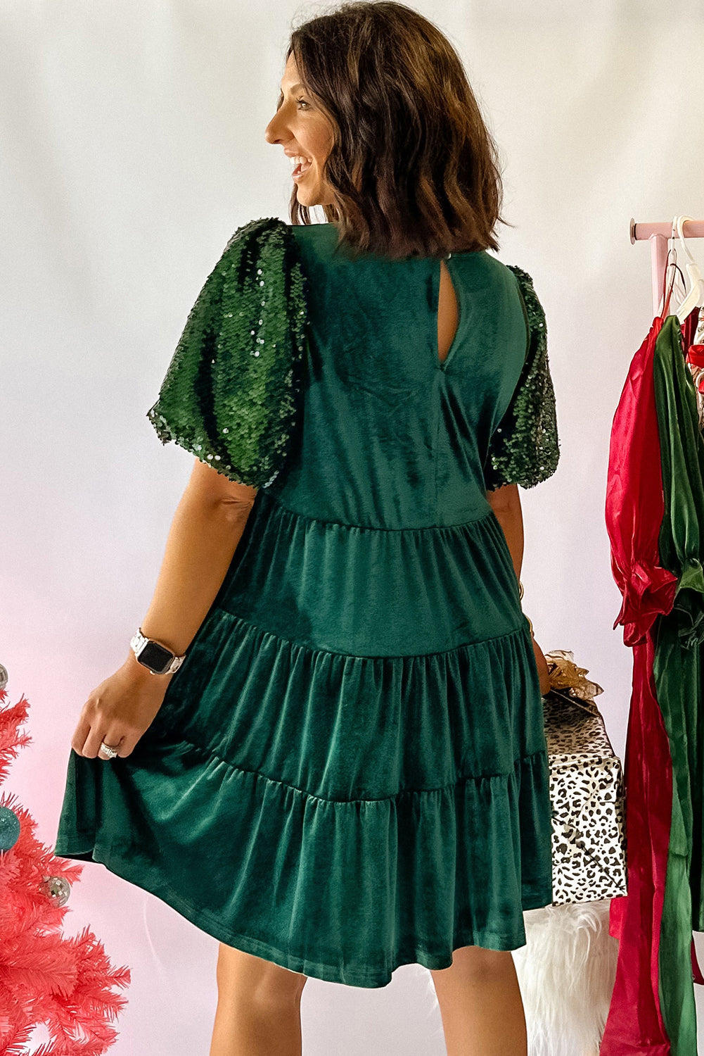 Evergreen Sequin Puff Sleeve High Waist Velvet Mini Dress